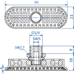 Flat vacuum cup oval 65x20 mm NBR blue, with Fitting G1-4-male